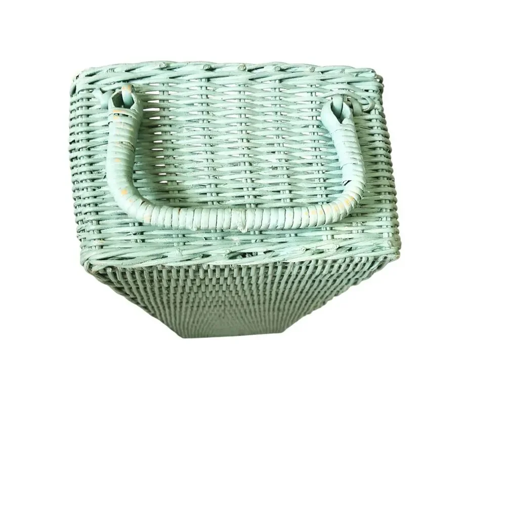 Vintage 60s 70s Caddy Handled Basket Divided Cottagecore Farmhouse Seafoam Green